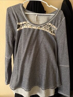 Free People Grey Striped Lace-Up Long Sleeve Sweatshirt